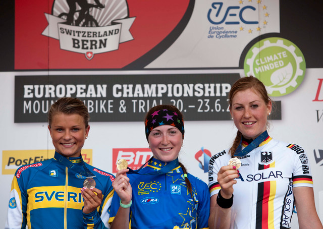 Mistrovství Evropy MTB 2013, Bern - Stupně vítězů ženy U23: 1. Belomoyna, 2. Rissveds, 3. Grober