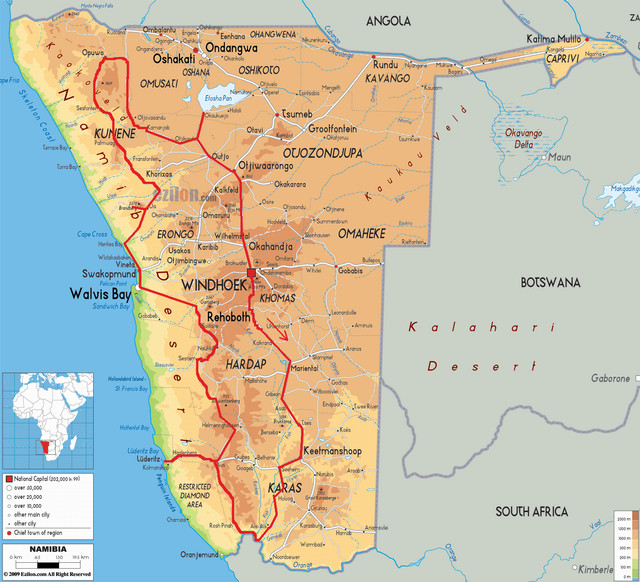 Namibia 2014 - mapa trasy cykloputování Jana Širce a Petra Tomka